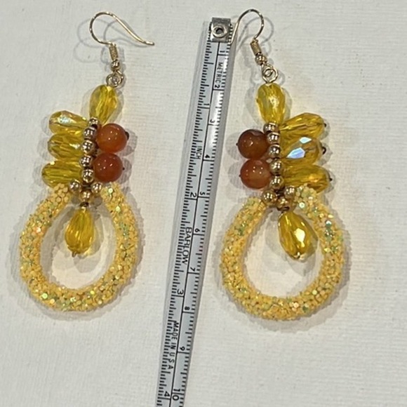 Lemon Drop Amber and Gold Beaded Sparkly Dangle Earrings - Picture 7 of 7